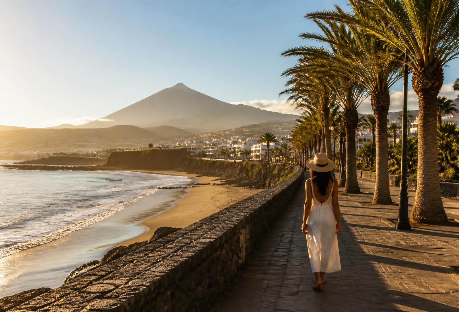 Tenerife coastline with palm promenade and Mount Teide at sunset